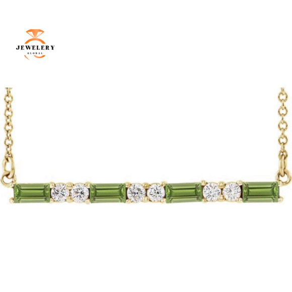 14KT GOLD 0.60 CT PERIDOT & 0.20 CTW DIAMOND ACCENT BAR NECKLACE - Image 5
