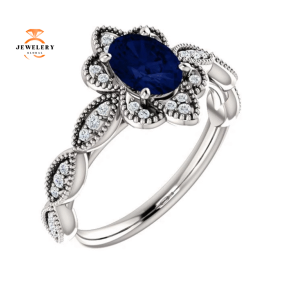 14KT GOLD 1.00 CT OVAL SAPPHIRE AND DIAMOND MILGRAIN RING - Image 6