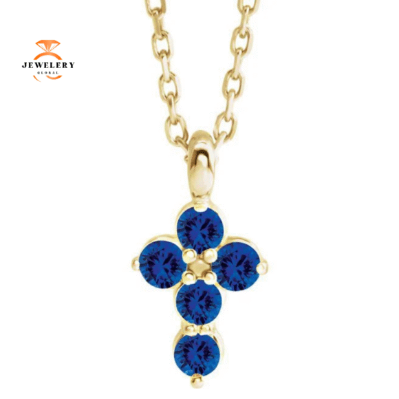 14KT GOLD BLUE SAPPHIRE PETITE CROSS NECKLACE - Image 2