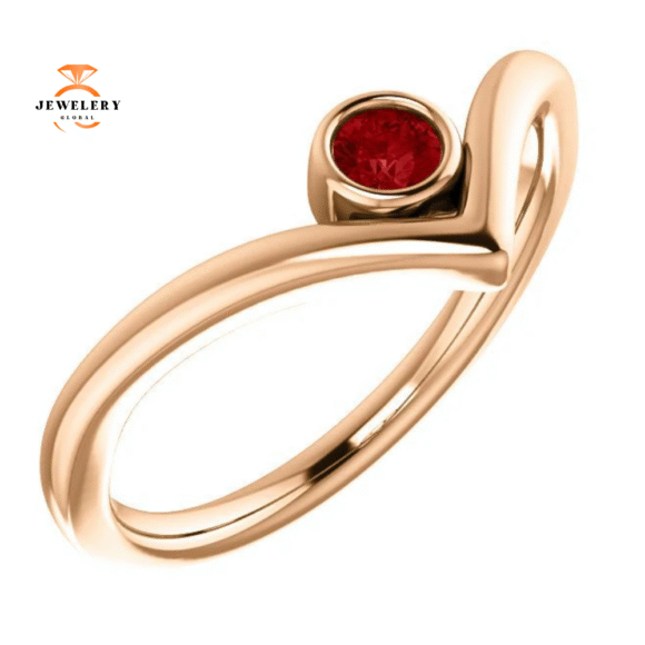 14KT GOLD GENUINE RUBY SOLITAIRE BEZEL-SET "V" RING