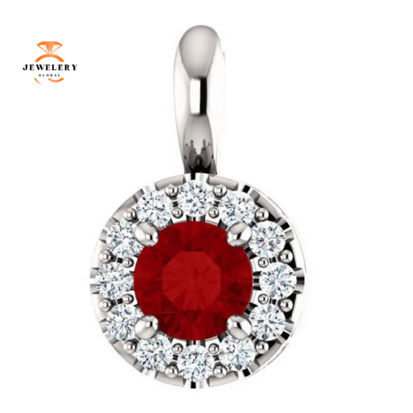 14KT Gold Ruby and Diamond Halo Pendant