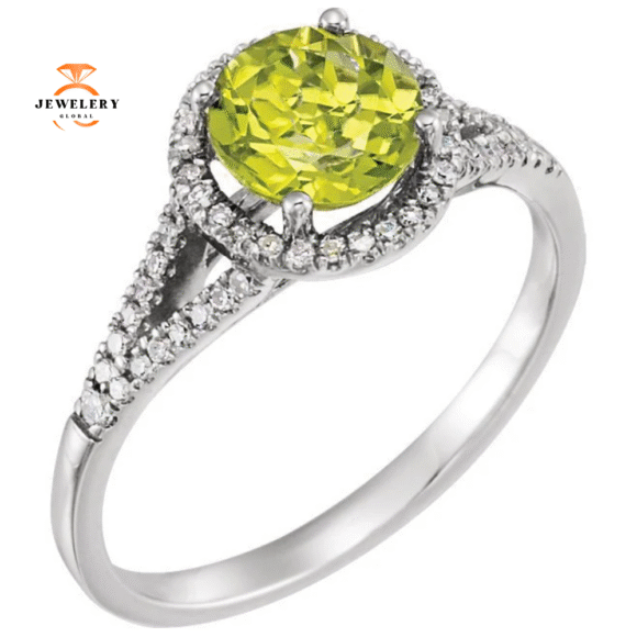 14KT WHITE GOLD 1 1/4CT PERIDOT & 1/6 CTW DIAMOND HALO RING