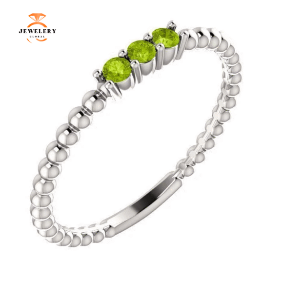 14KT GOLD 0.15 CTW ROUND PERIDOT 3 STONE BEADED STACKABLE RING - Image 5