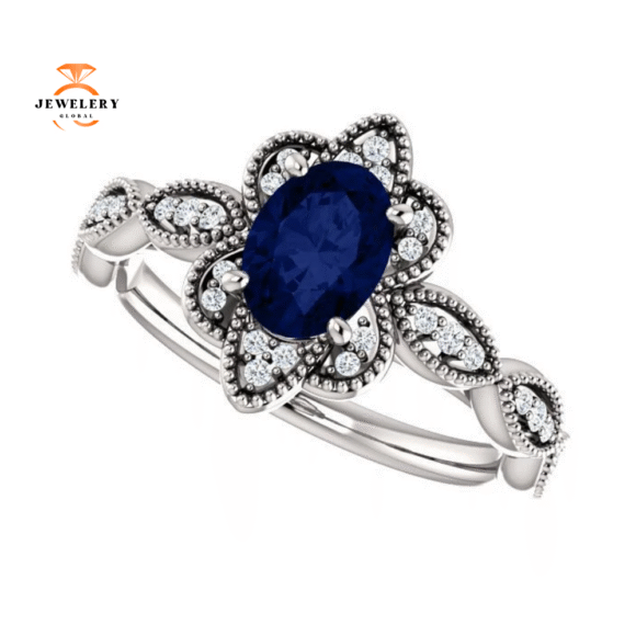 14KT GOLD 1.00 CT OVAL SAPPHIRE AND DIAMOND MILGRAIN RING - Image 7