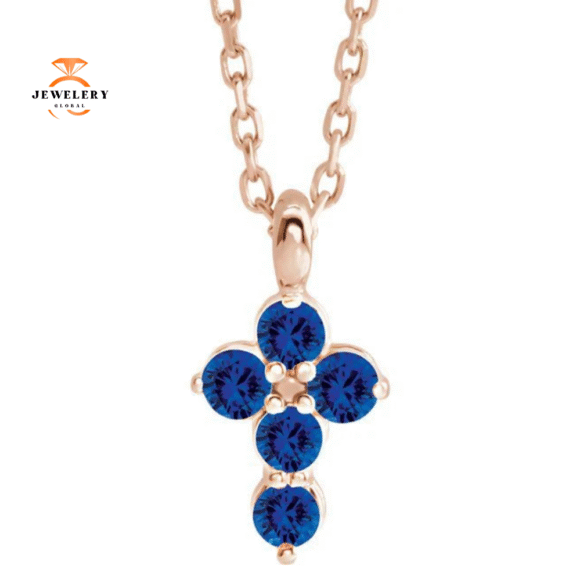14KT GOLD BLUE SAPPHIRE PETITE CROSS NECKLACE - Image 3