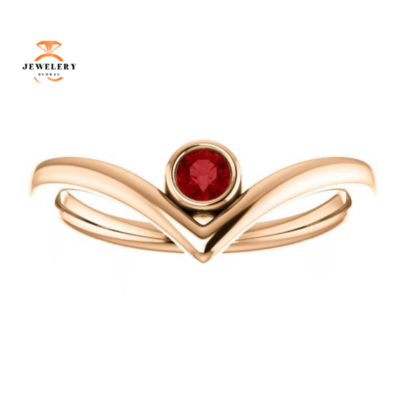 14KT GOLD GENUINE RUBY SOLITAIRE BEZEL-SET "V" RING - Image 2