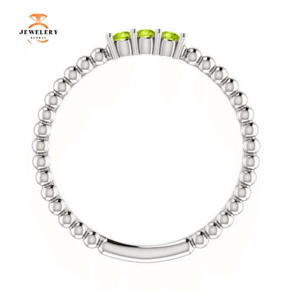 14KT GOLD 0.15 CTW ROUND PERIDOT 3 STONE BEADED STACKABLE RING - Image 6