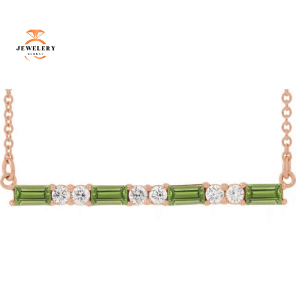 14KT GOLD 0.60 CT PERIDOT & 0.20 CTW DIAMOND ACCENT BAR NECKLACE - Image 3