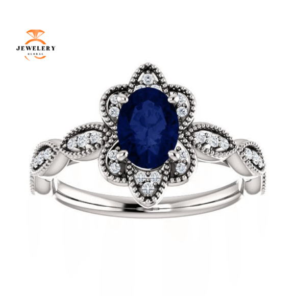 14KT GOLD 1.00 CT OVAL SAPPHIRE AND DIAMOND MILGRAIN RING - Image 8