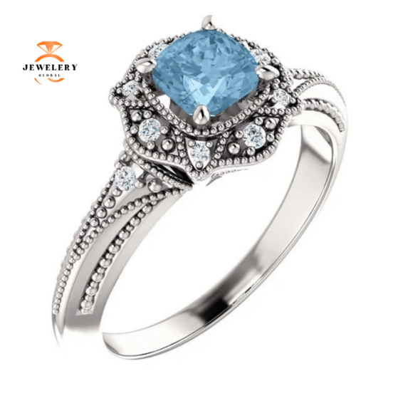 14KT WHITE GOLD 3/4 CT SKY BLUE TOPAZ & 0.08 CTW DIAMOND ACCENT VINTAGE RING