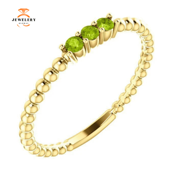 14KT GOLD 0.15 CTW ROUND PERIDOT 3 STONE BEADED STACKABLE RING - Image 3
