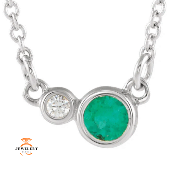 14KT GOLD EMERALD & DIAMOND 18" NECKLACE - Image 2