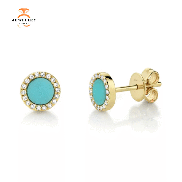 14KT GOLD .47 CTW TURQUOISE & .08 CTW DIAMOND HALO EARRINGS