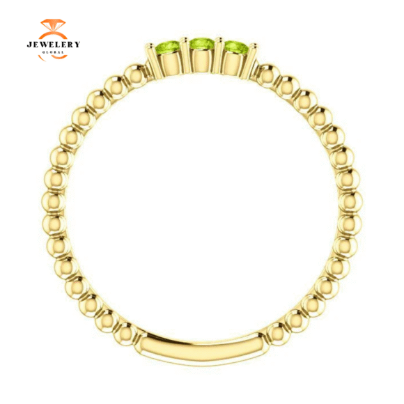 14KT GOLD 0.15 CTW ROUND PERIDOT 3 STONE BEADED STACKABLE RING - Image 4