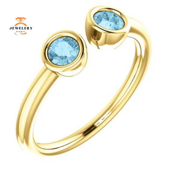 14KT GOLD 0.32 CTW AQUAMARINE 2 STONE BEZEL-SET CUFF RING - Image 5