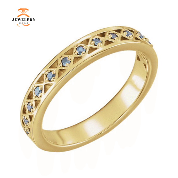 14KT GOLD 0.13 CTW ROUND AQUAMARINE STACKABLE RING - Image 3
