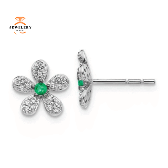 14KT WHITE GOLD .05 CTW EMERALD & .17 CTW DIAMOND FLOWER EARRINGS