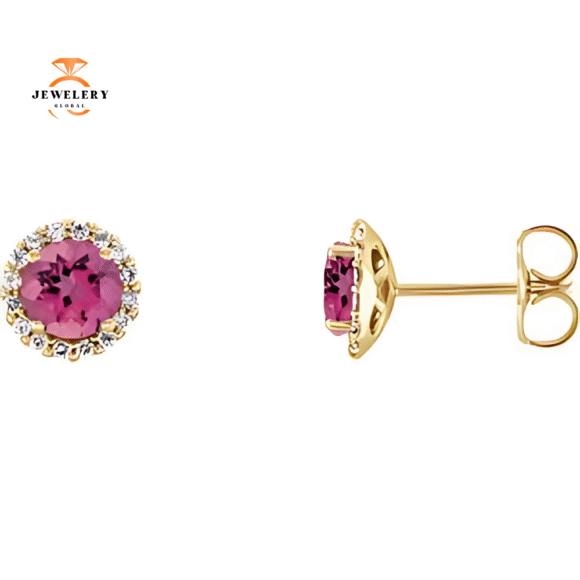 14KT GOLD 0.56 CTW PINK TOURMALINE & 1/8 CTW DIAMOND HALO EARRINGS - Image 3