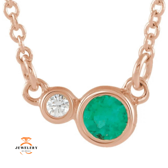 14KT GOLD EMERALD & DIAMOND 18" NECKLACE - Image 3