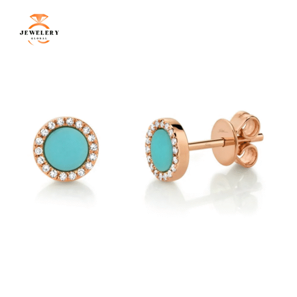 14KT GOLD .47 CTW TURQUOISE & .08 CTW DIAMOND HALO EARRINGS - Image 3