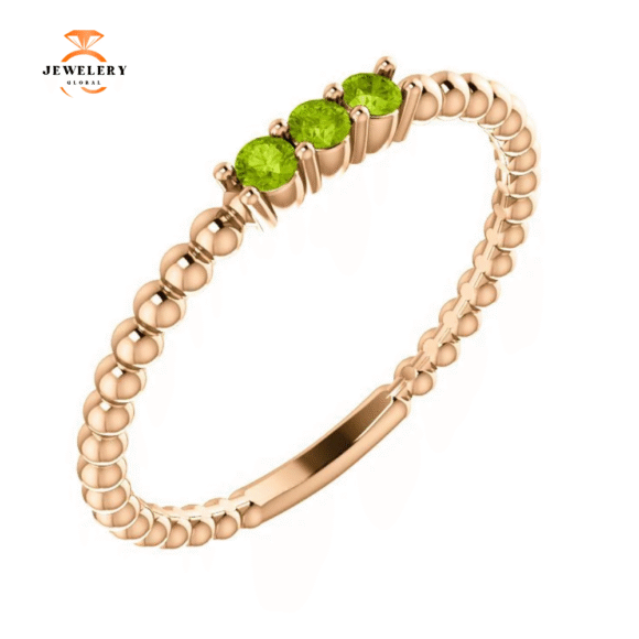 14KT GOLD 0.15 CTW ROUND PERIDOT 3 STONE BEADED STACKABLE RING