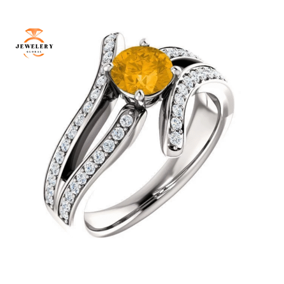 14KT GOLD 0.60 CT ROUND CITRINE & 3/8 CTW DIAMOND ACCENT RING