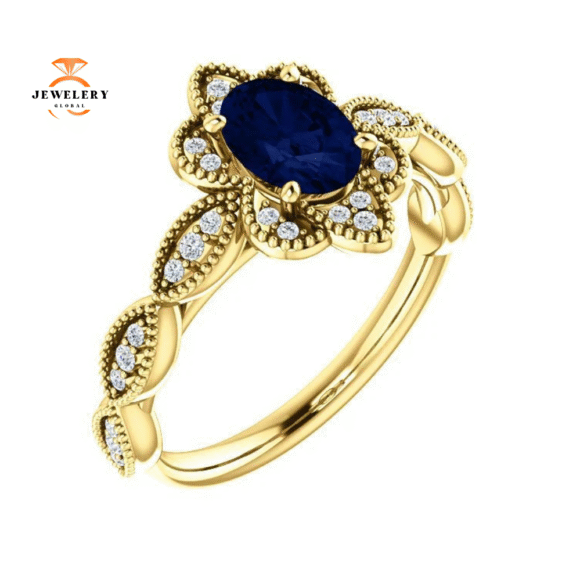 14KT GOLD 1.00 CT OVAL SAPPHIRE AND DIAMOND MILGRAIN RING - Image 11