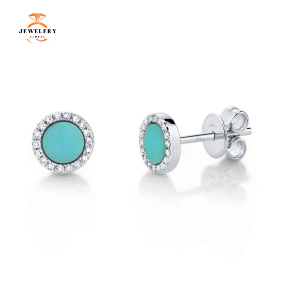 14KT GOLD .47 CTW TURQUOISE & .08 CTW DIAMOND HALO EARRINGS - Image 2