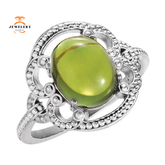 14KT GOLD 2.50 CTW OVAL PERIDOT GRANULATED DESIGN RING