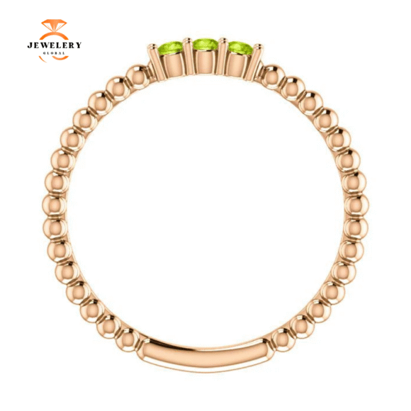 14KT GOLD 0.15 CTW ROUND PERIDOT 3 STONE BEADED STACKABLE RING - Image 2
