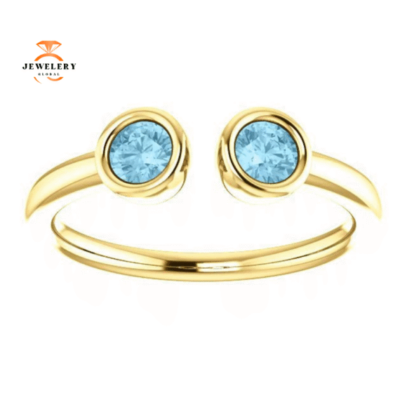 14KT GOLD 0.32 CTW AQUAMARINE 2 STONE BEZEL-SET CUFF RING - Image 7