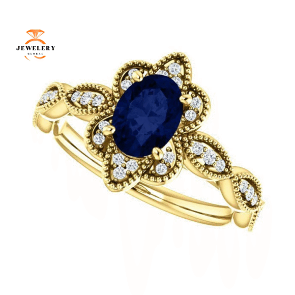 14KT GOLD 1.00 CT OVAL SAPPHIRE AND DIAMOND MILGRAIN RING - Image 12