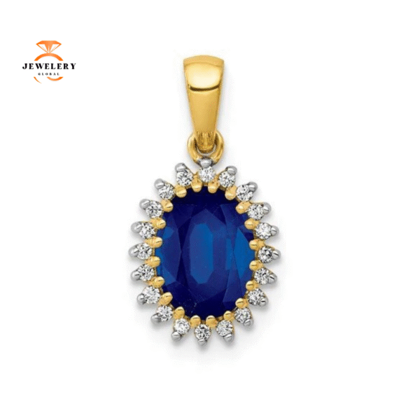 14KT GOLD 1.30 CTW & DIAMOND SAPPHIRE OVAL HALO PENDANT