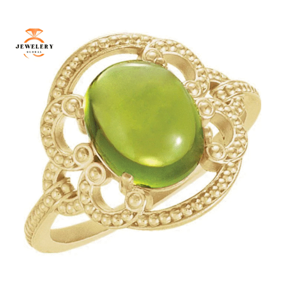 14KT GOLD 2.50 CTW OVAL PERIDOT GRANULATED DESIGN RING - Image 2