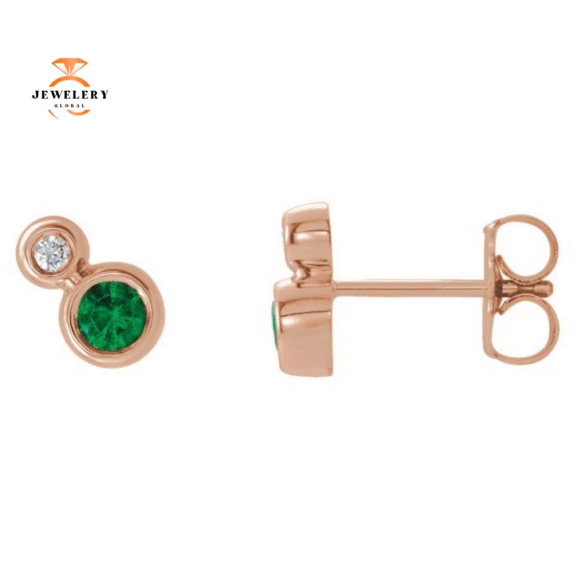 14KT GOLD EMERALD & DIAMOND STUD EARRINGS - Image 2