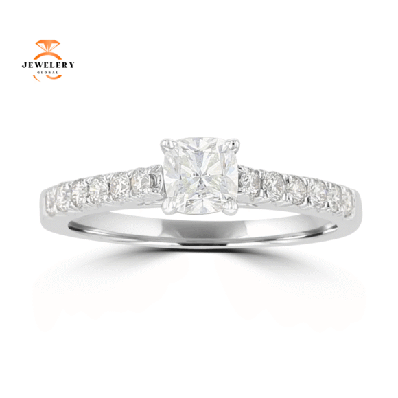 14KT White Gold 3/4 CTW Cushion Diamond Cathedral Ring
