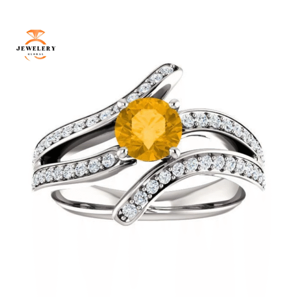 14KT GOLD 0.60 CT ROUND CITRINE & 3/8 CTW DIAMOND ACCENT RING - Image 3