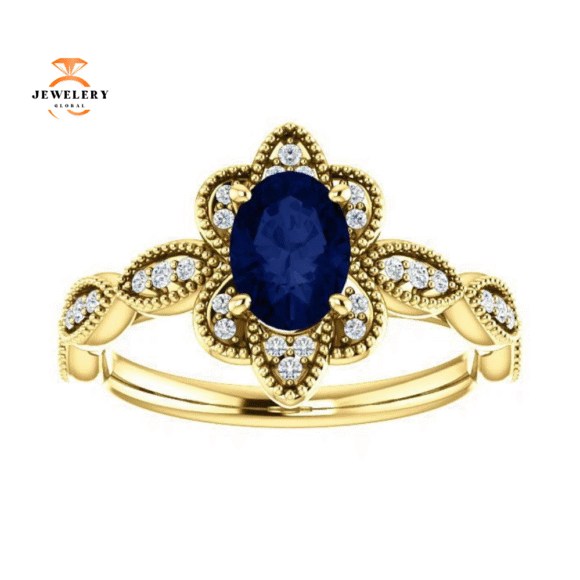 14KT GOLD 1.00 CT OVAL SAPPHIRE AND DIAMOND MILGRAIN RING - Image 13