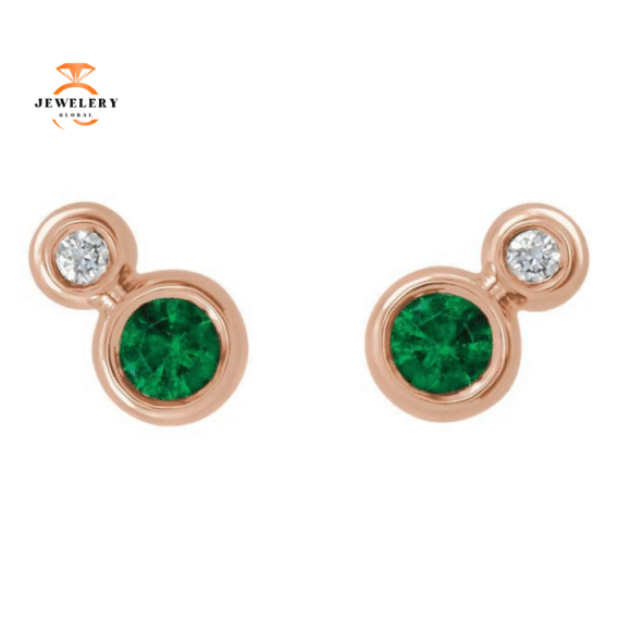 14KT GOLD EMERALD & DIAMOND STUD EARRINGS