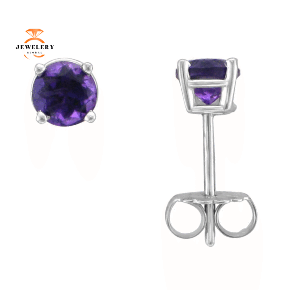 14KT GOLD ROUND AMETHYST EARRINGS - Image 2