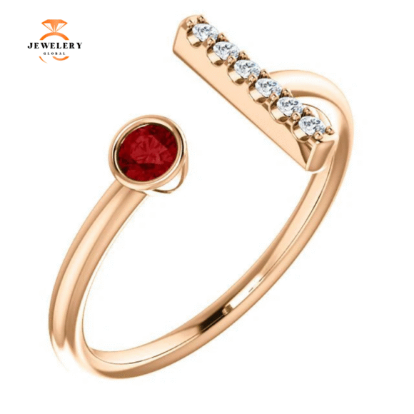 14KT GOLD 0.16 CT RUBY & .06 CTW DIAMOND BEZEL BAR RING
