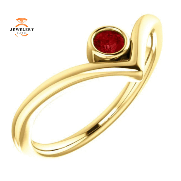 14KT GOLD GENUINE RUBY SOLITAIRE BEZEL-SET "V" RING - Image 9