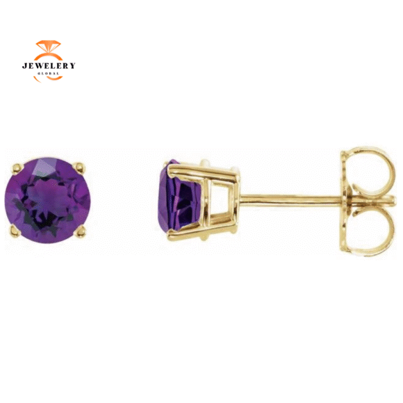 14KT GOLD ROUND AMETHYST EARRINGS - Image 3