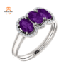 14KT GOLD 1.32 CTW AMETHYST & .10 CTW DIAMOND 3 STONE OVAL HALO RING