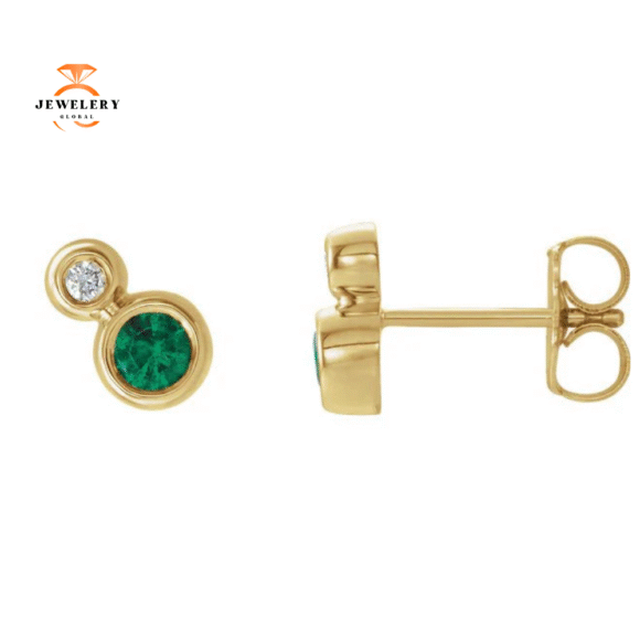 14KT GOLD EMERALD & DIAMOND STUD EARRINGS - Image 4