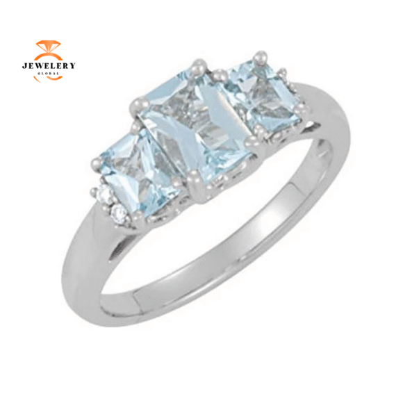 14KT WHITE 1.00 CTW AQUAMARINE & DIAMOND RING