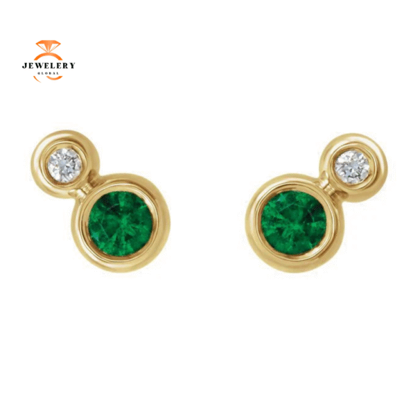 14KT GOLD EMERALD & DIAMOND STUD EARRINGS - Image 3