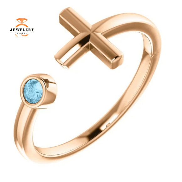 14KT GOLD ROUND AQUAMARINE CUFF CROSS RING