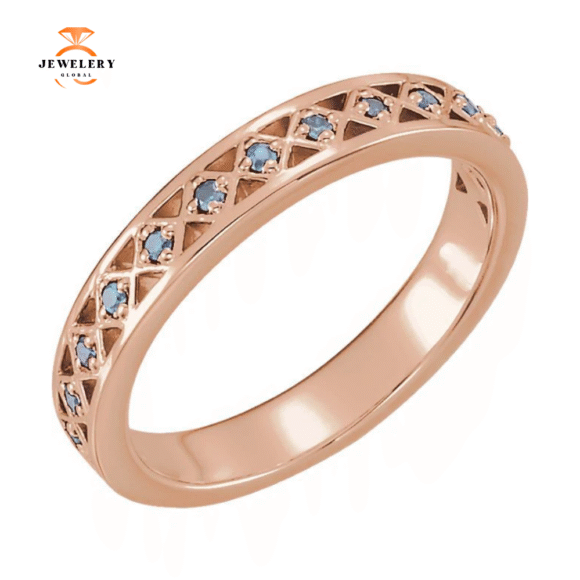 14KT GOLD 0.13 CTW ROUND AQUAMARINE STACKABLE RING - Image 4