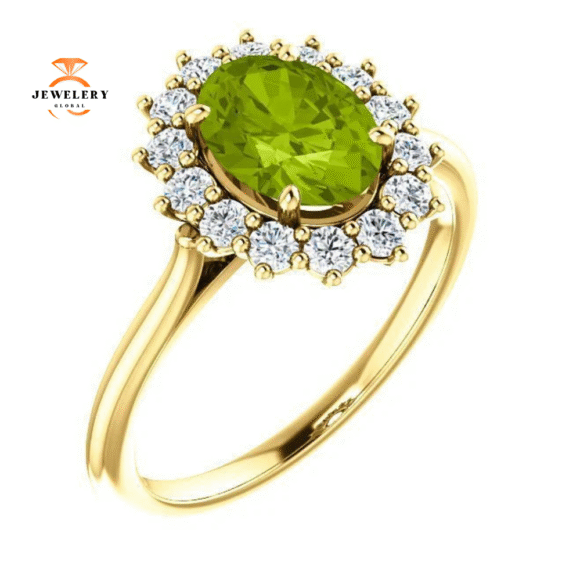 14KT GOLD PERIDOT & DIAMOND OVAL HALO RING - Image 7